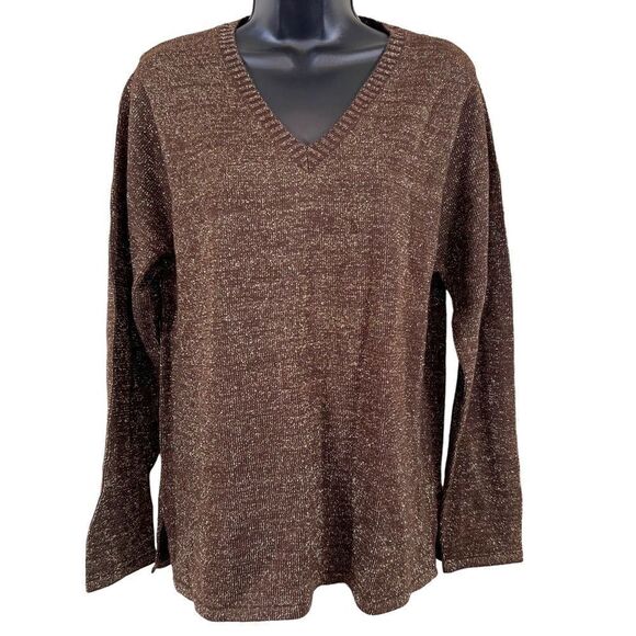 Vintage Terry Lewis Classic Luxuries Brown Metallic Wool Blend V-Neck Sweater - Picture 1 of 13